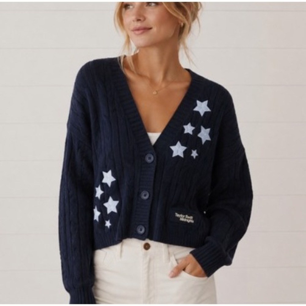 Taylor Swift Midnights Cardigan Navy Blue Star Patch Cable Knit Sweater XL/2XL
